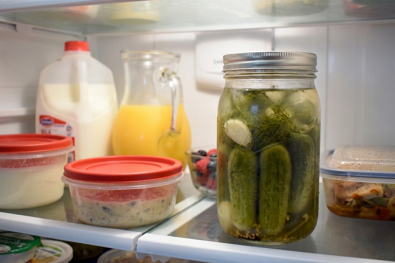 A sealed jar of refrigerator pickles chilling on a refrigerator shelf with other household containers