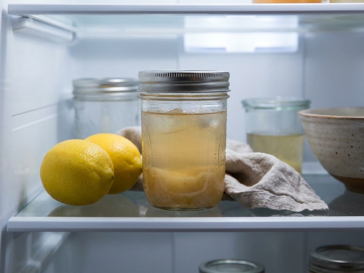 A sealed mason jar filled with a pale golden pear cocktail mixture sitting on a refrigerator shelf next to lemons
