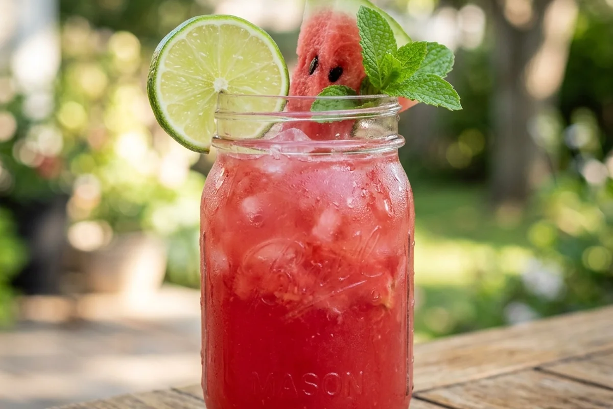 A sealed mason jar filled with pink watermelon juice sitting in a refrigerator shelf beside fresh limes