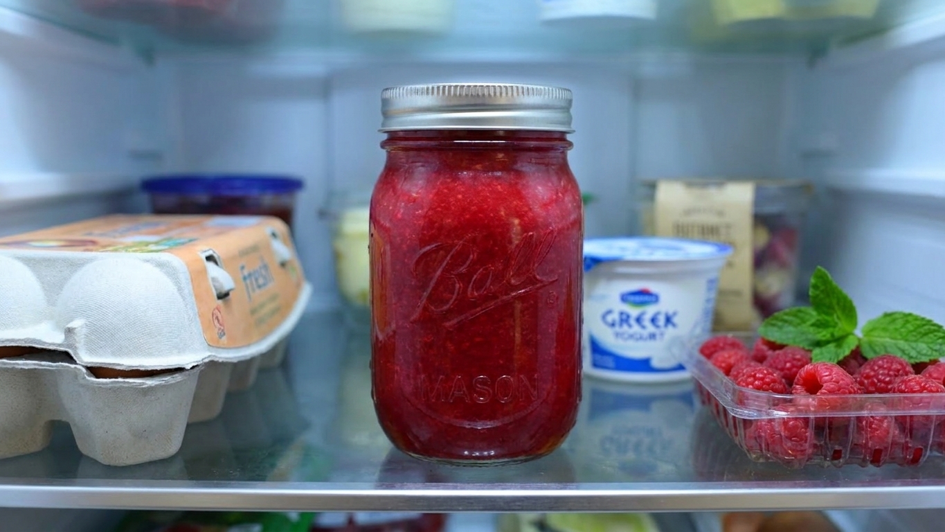 A sealed mason jar filled with raspberry sauce sitting on a refrigerator shelf next to breakfast items