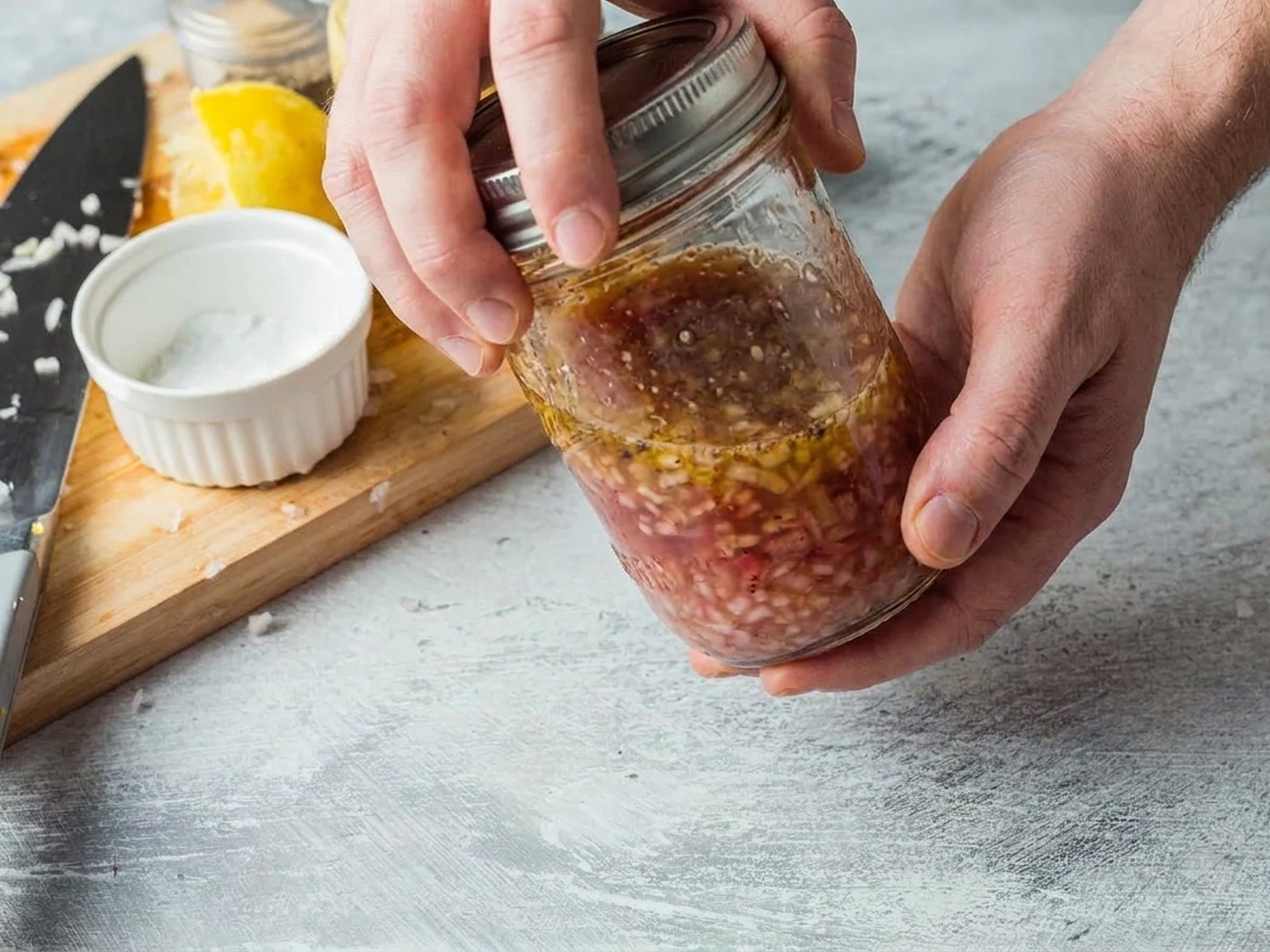 A sealed mason jar filled with red wine vinaigrette being shaken on a light kitchen counter
