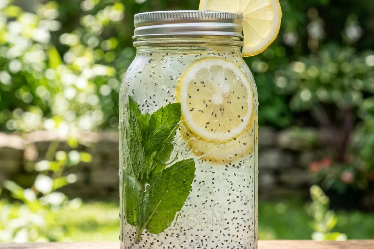 A sealed mason jar of chia water resting on a refrigerator shelf with condensation on the glass