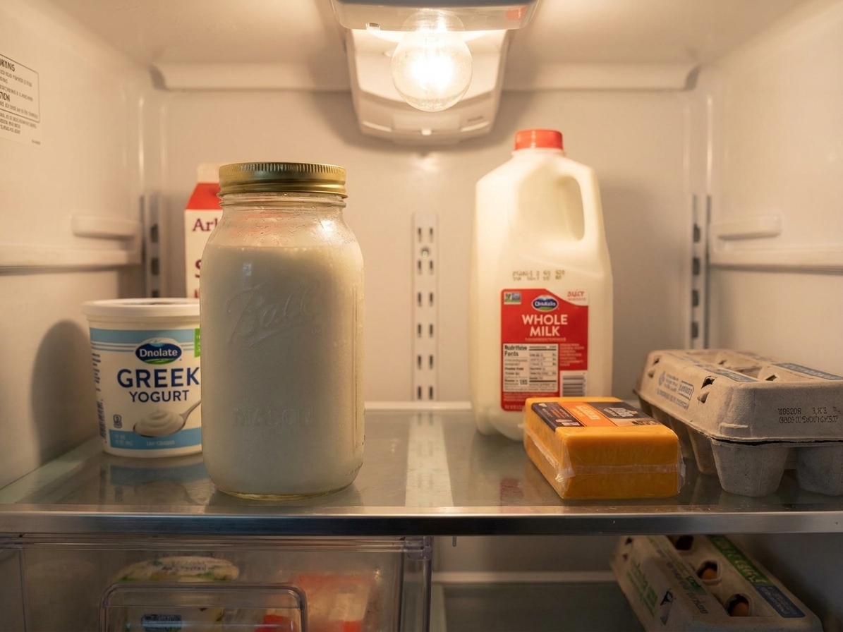 A sealed mason jar of cultured buttermilk sitting on a refrigerator shelf next to other dairy items in a real home kitchen