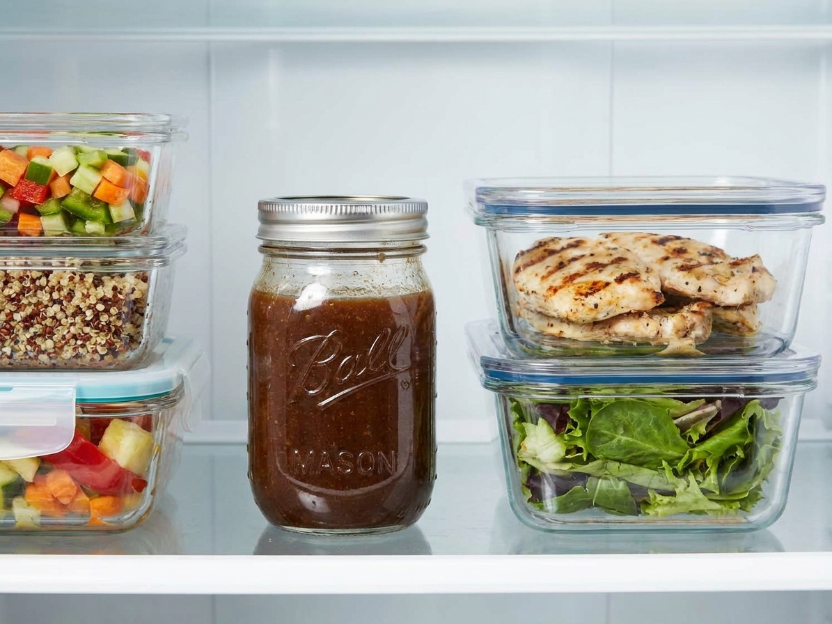 A sealed mason jar of homemade balsamic vinaigrette sitting on a refrigerator shelf with other meal prep containers