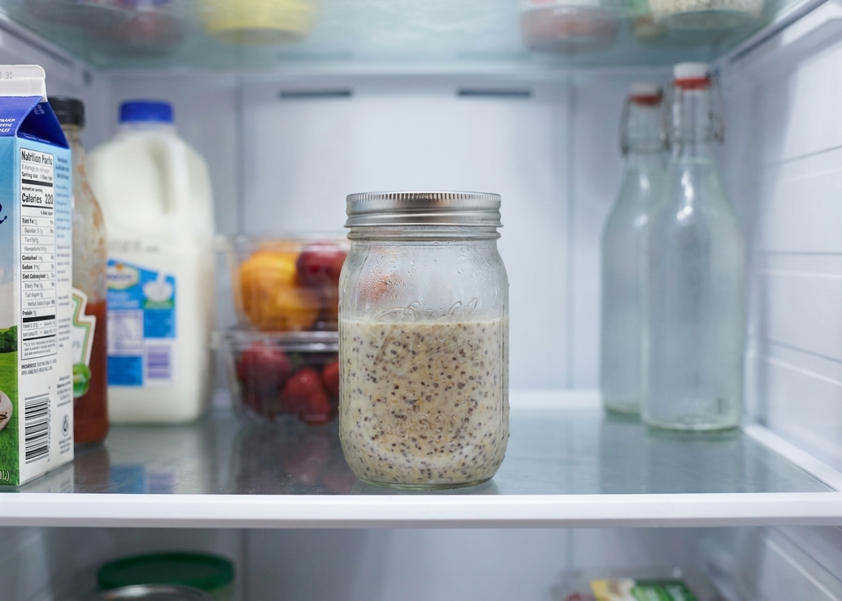 A sealed mason jar of overnight oats with chia seeds sitting on a refrigerator shelf