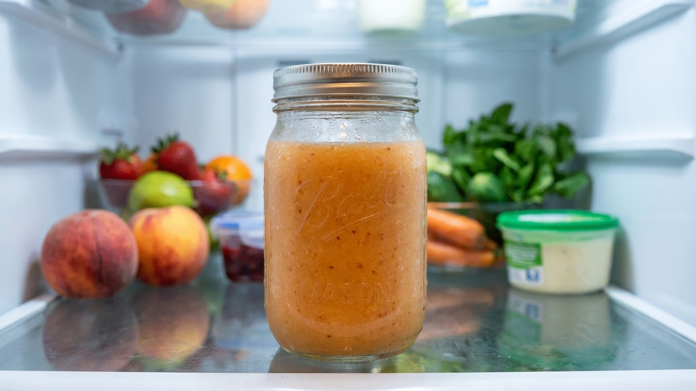 A sealed mason jar of peach smoothie sitting on a refrigerator shelf with condensation on the glass