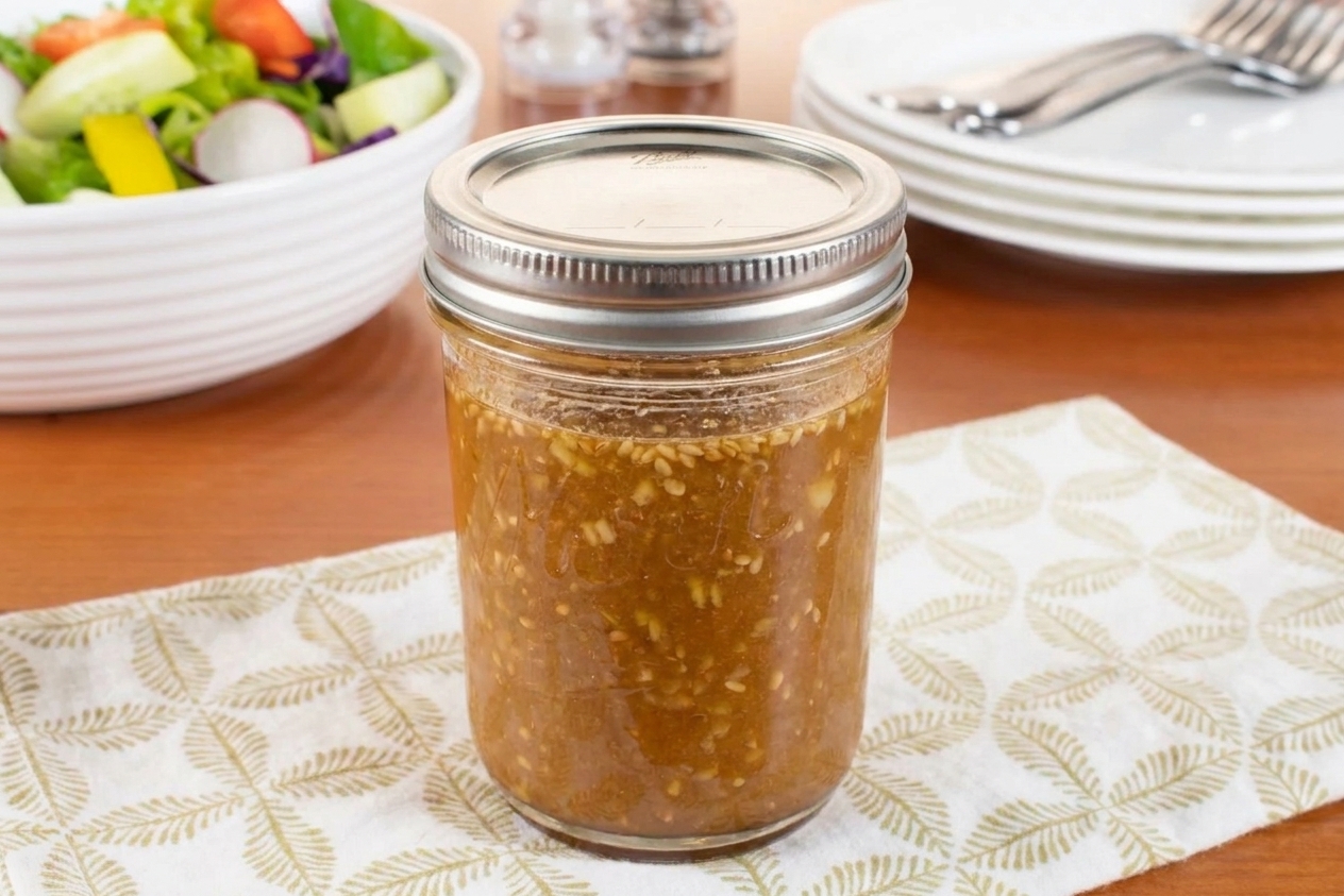 A sealed mason jar of sesame soy vinaigrette with flecks of garlic and ginger sitting on a kitchen counter