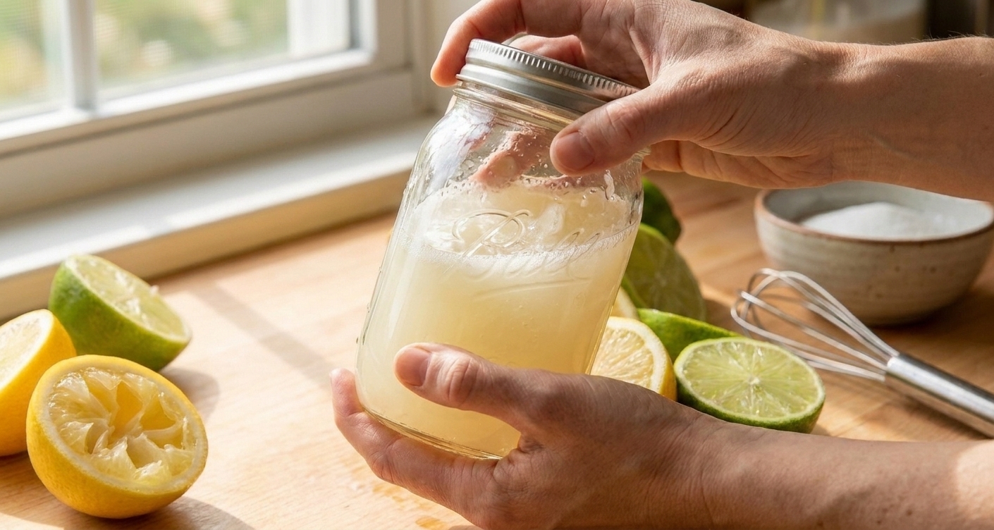 A sealed mason jar with pale yellow sour mix being shaken on a kitchen counter