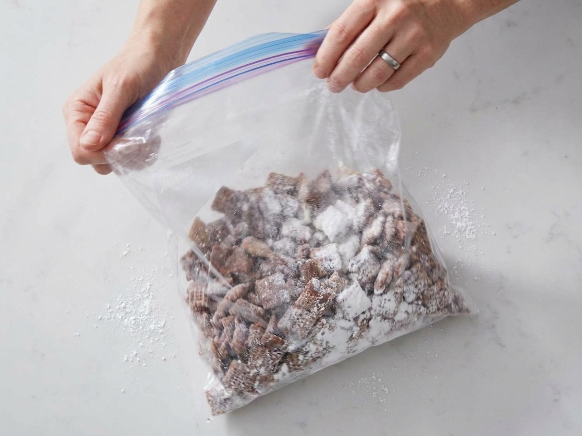 A sealed zip-top bag being gently shaken with coated Chex and powdered sugar inside on a kitchen counter