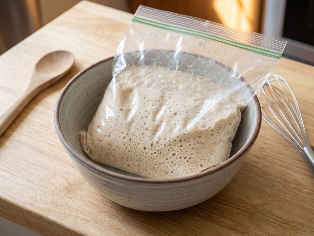A sealed zip-top bag of bubbly friendship bread starter resting in a bowl on a kitchen counter