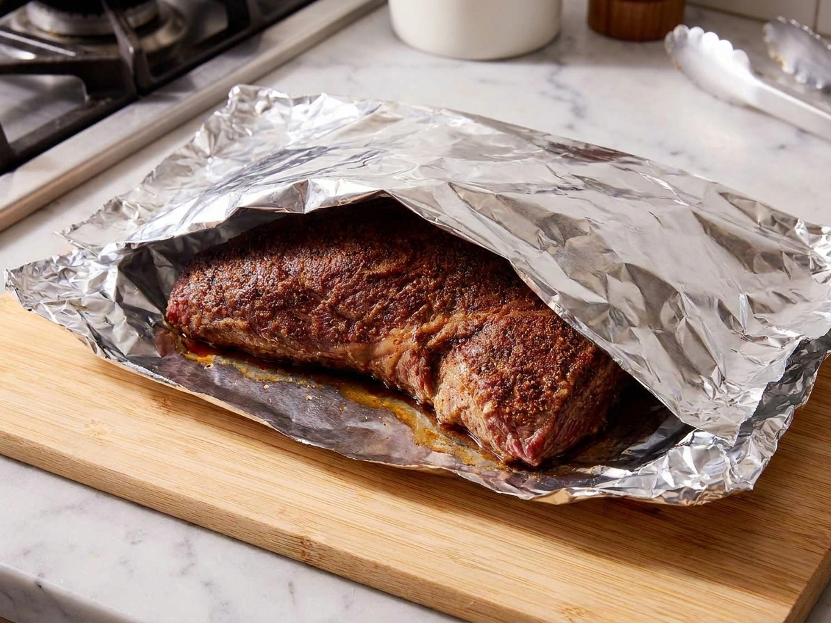 A seared and roasted tri-tip resting on a wooden cutting board with foil loosely tented over it