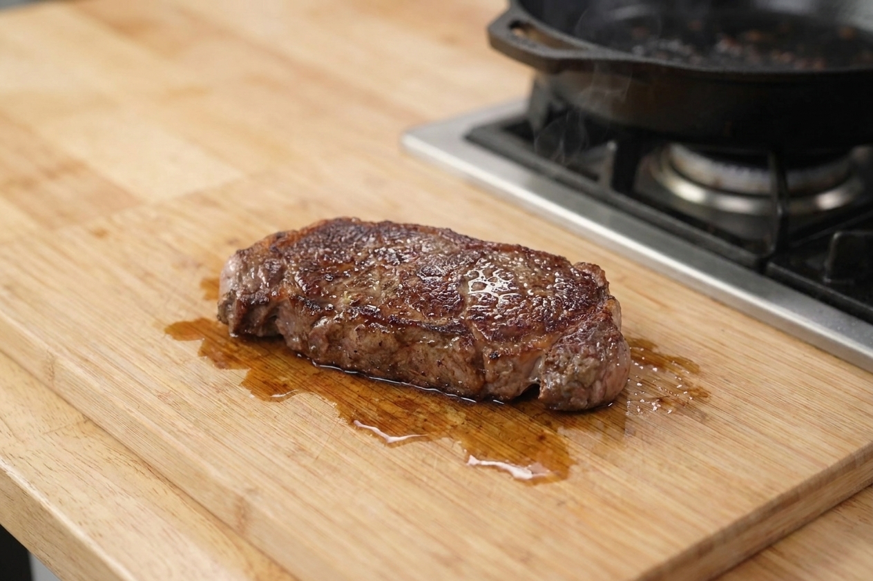 A seared steak resting on a cutting board while the juices settle before slicing