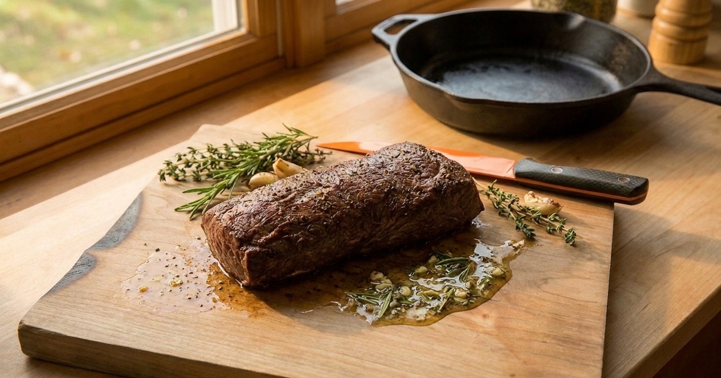 A seared venison backstrap resting on a wooden cutting board with a small pool of herb butter nearby