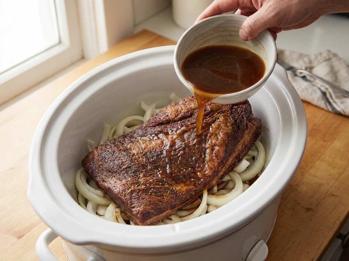 A seasoned beef brisket sitting on sliced onions inside a slow cooker with broth around it during prep