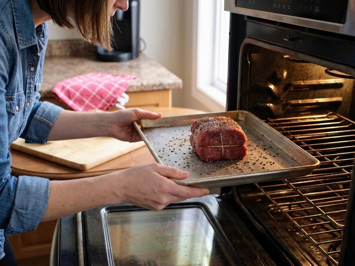 A seasoned beef roast on a rimmed baking sheet being placed into an oven, warm home kitchen setting