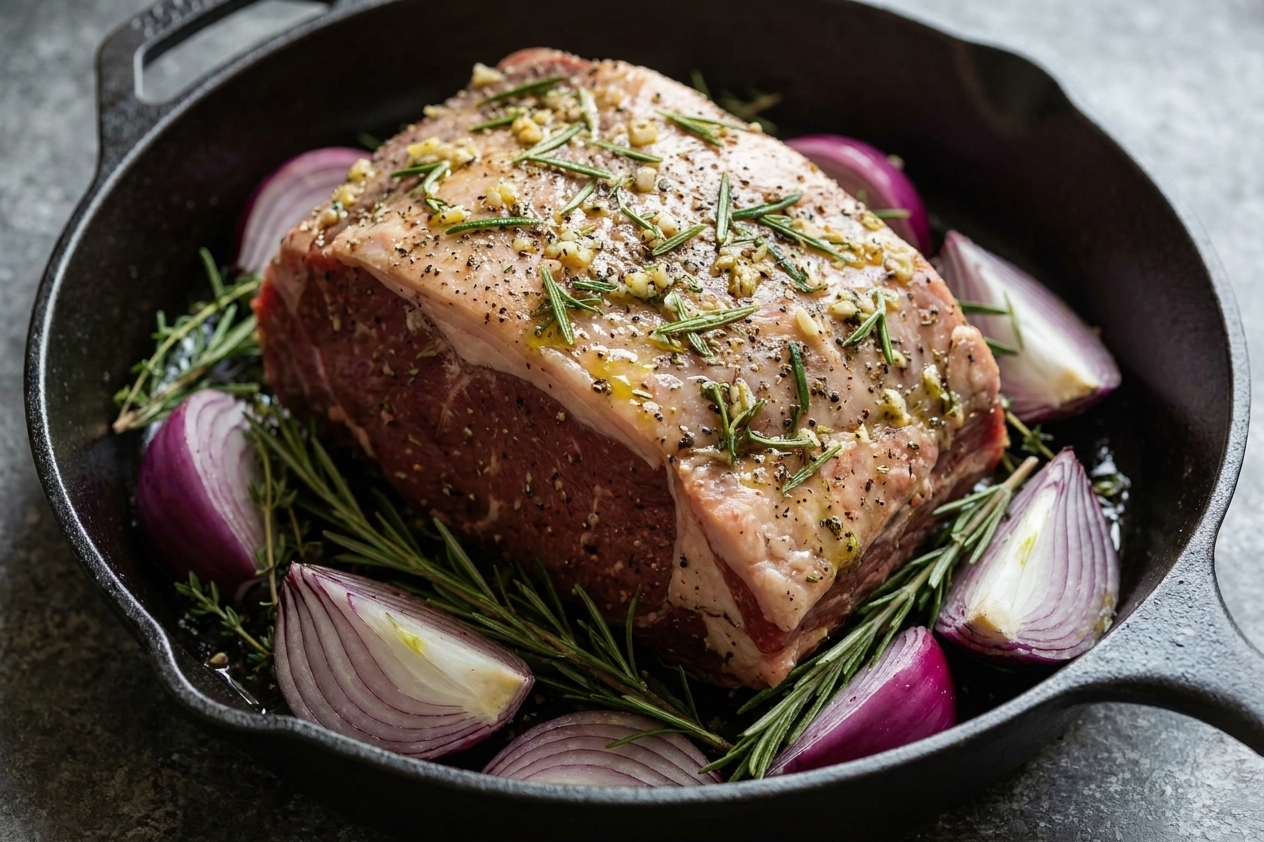 A seasoned beef striploin roast sitting fat-side up in a roasting pan, ready to go into the oven