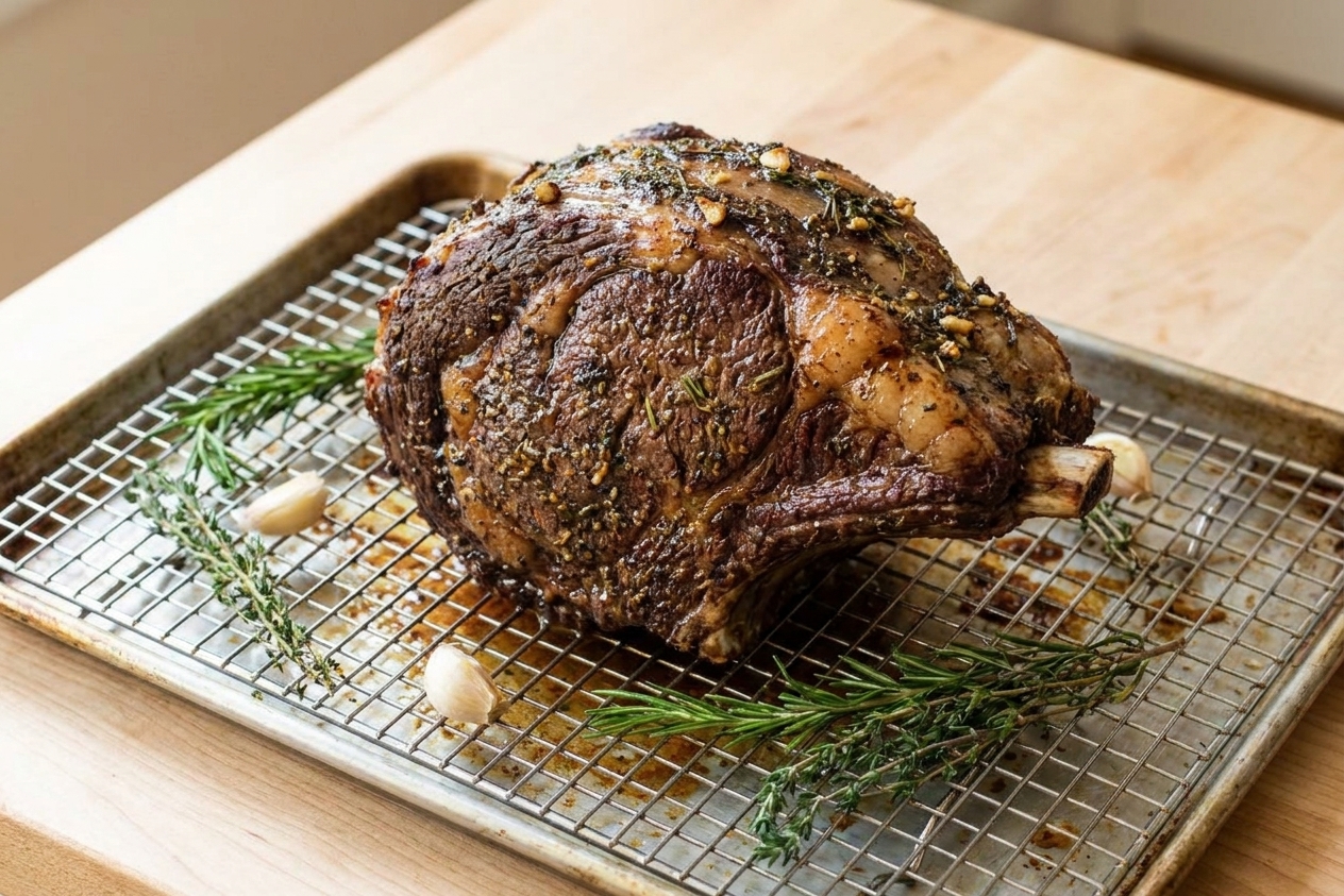 A seasoned bone-in prime rib roast resting on a metal rack set over a rimmed baking sheet on a light kitchen counter