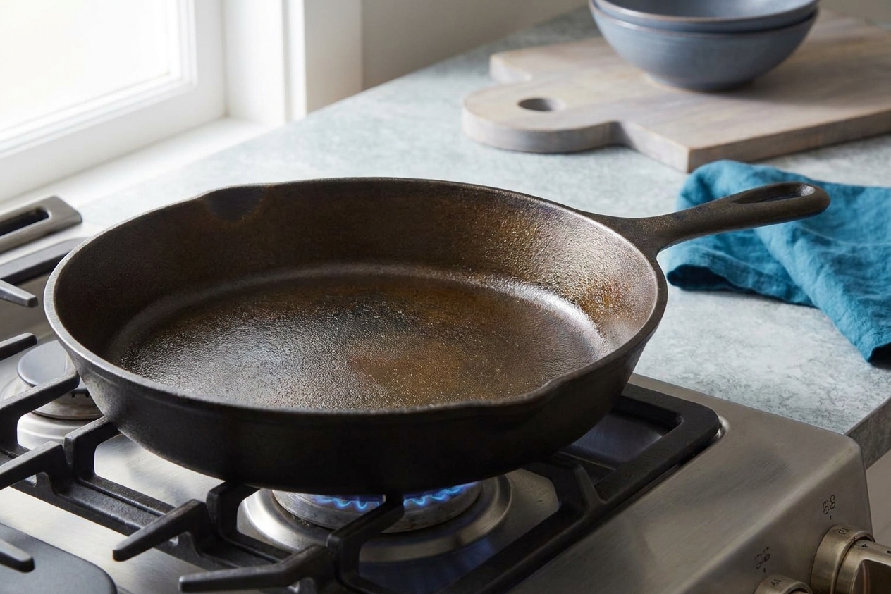 A seasoned cast iron skillet heating on a stovetop burner in a home kitchen with soft natural light