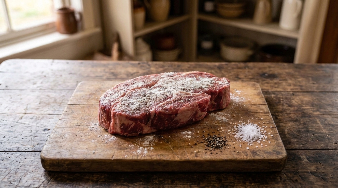A seasoned chuck roast on a wooden cutting board with visible salt, pepper, and a light flour coating
