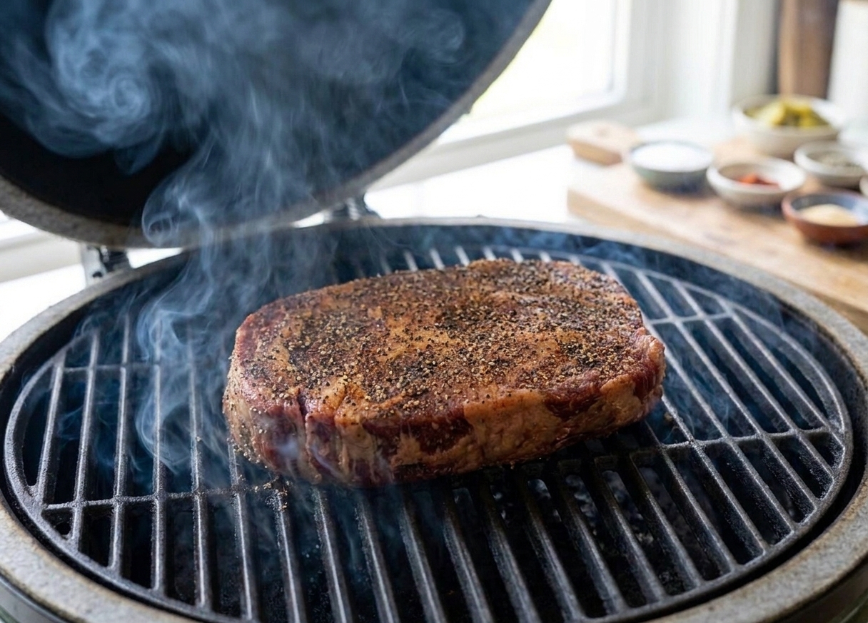 A seasoned chuck roast sitting on a smoker grate with light smoke drifting upward, lid open briefly for a cooking action shot