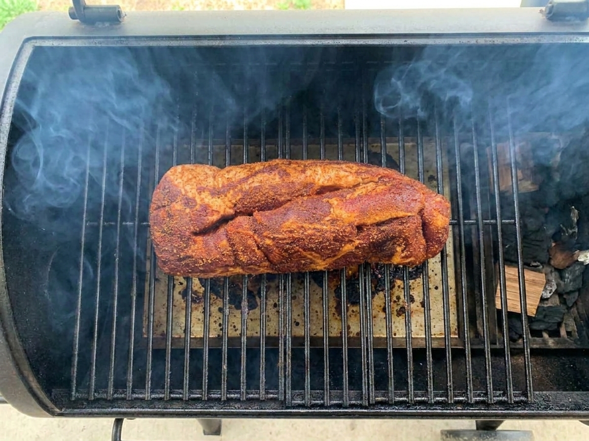 A seasoned pork loin cooking on a smoker grate with wisps of smoke
