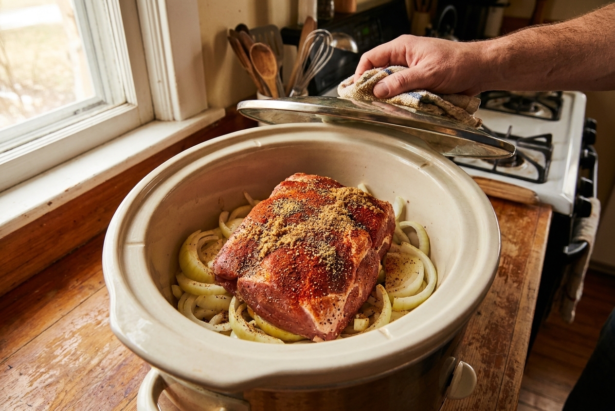A seasoned pork shoulder sitting on sliced onions inside a slow cooker crock before cooking