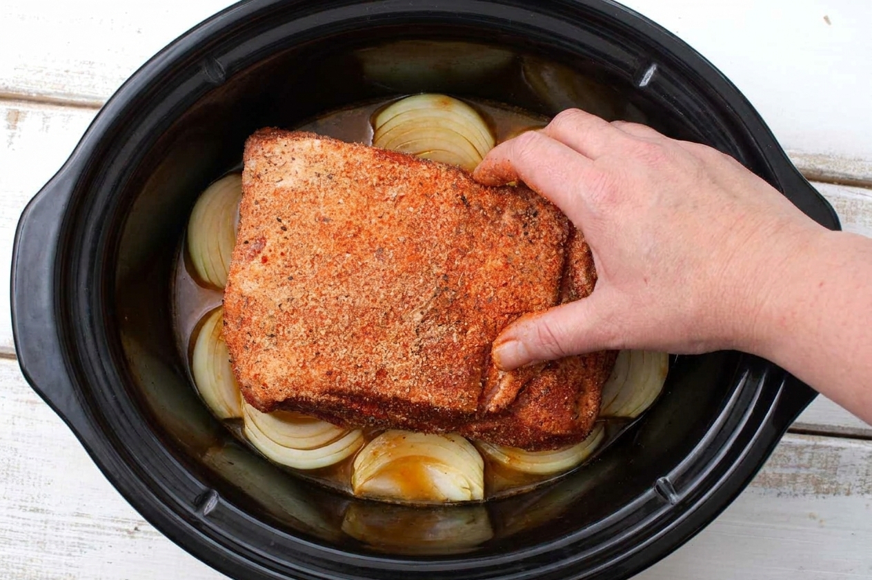 A seasoned pork shoulder sitting on sliced onions inside a slow cooker insert with a small amount of cooking liquid at the bottom