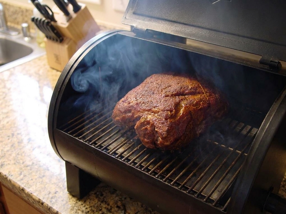 A seasoned pork shoulder sitting on the grill grates inside an open pellet smoker with light smoke rising