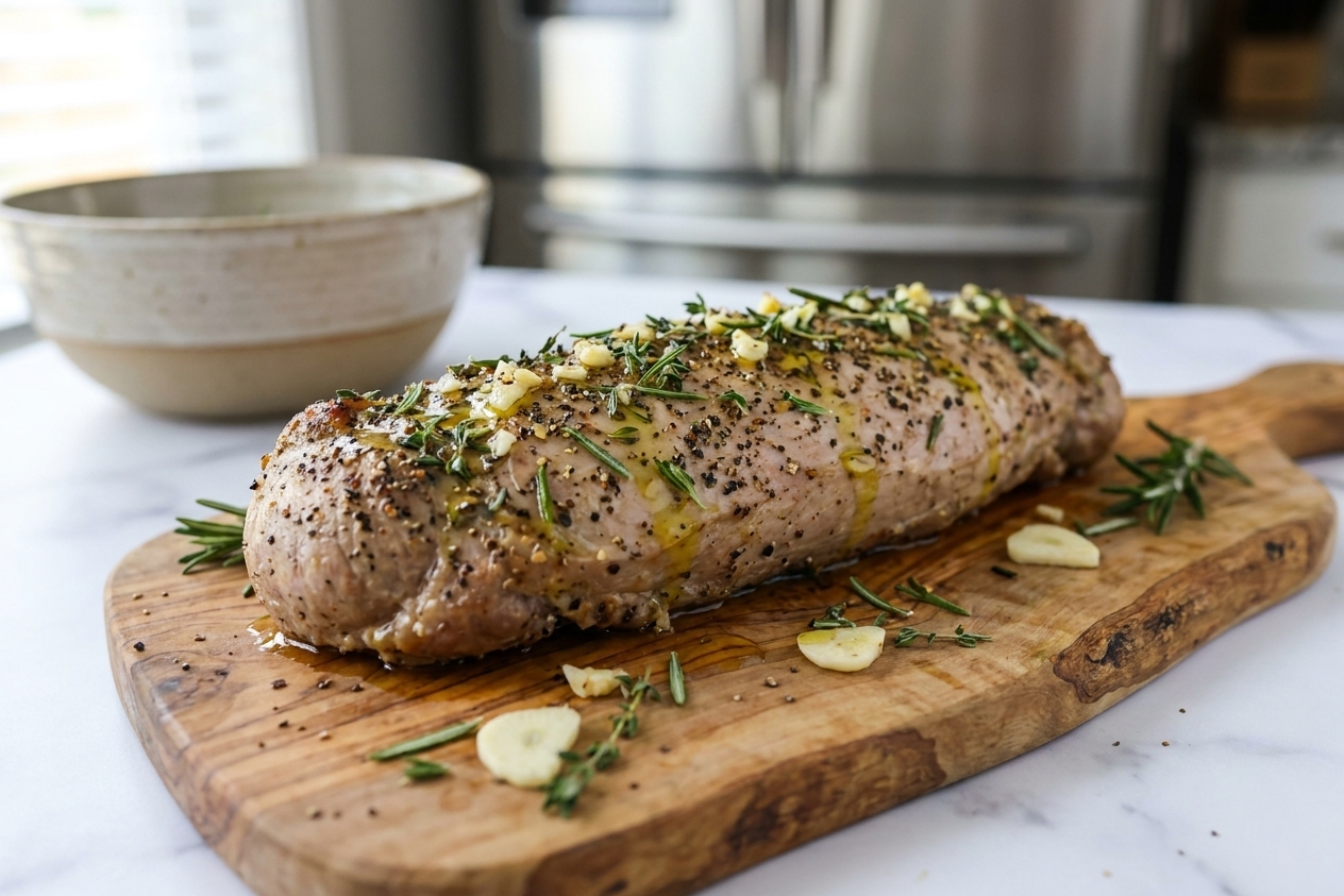 A seasoned pork tenderloin resting on a cutting board with visible spices and a drizzle of olive oil in a home kitchen