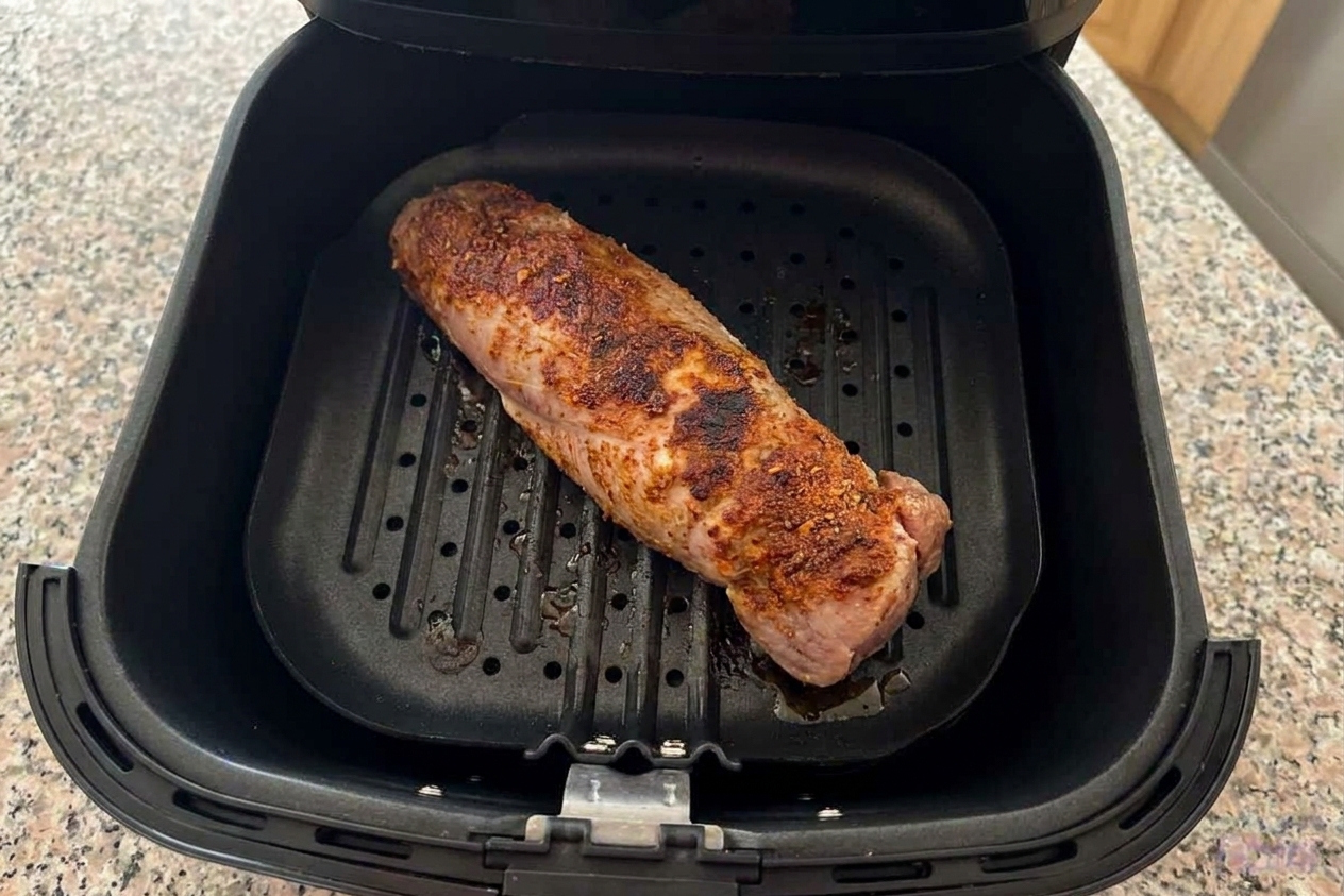 A seasoned pork tenderloin sitting in an air fryer basket with the spice rub beginning to brown and crisp