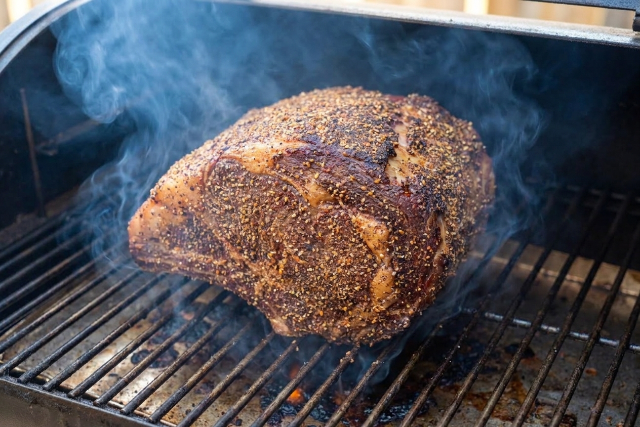 A seasoned prime rib roast sitting on a smoker grate with wisps of smoke rising