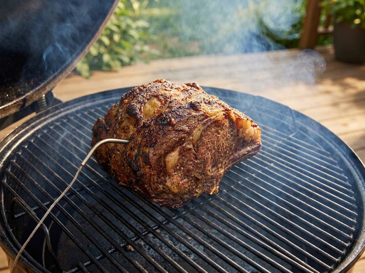 A seasoned prime rib roast sitting on smoker grates with a temperature probe inserted, light smoke drifting upward in a backyard setting
