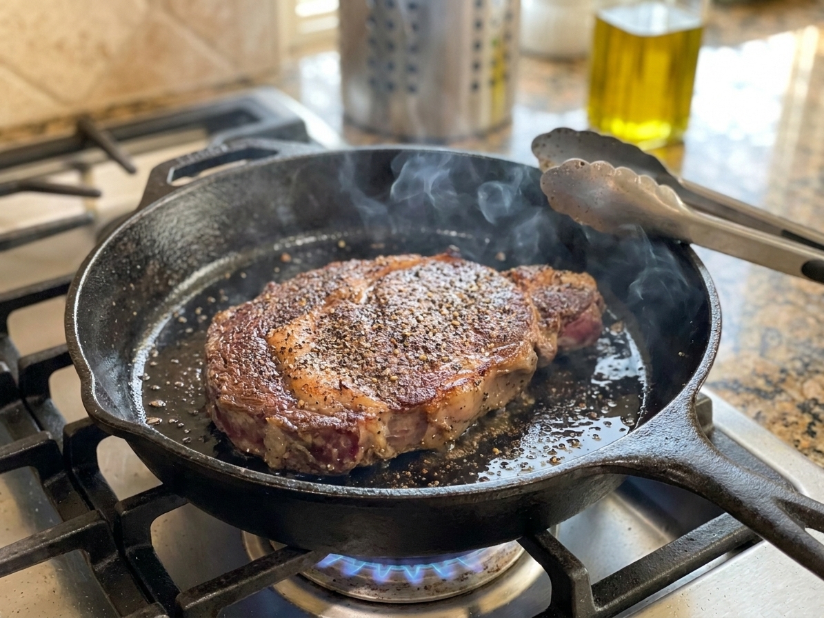 A seasoned steak searing in a hot cast iron skillet with browned crust forming, photographed over a stovetop