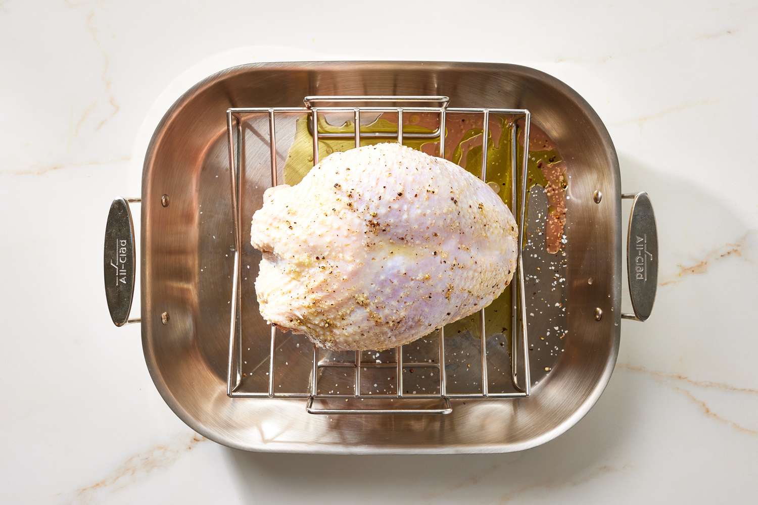 A seasoned turkey breast sitting on a rack in a roasting pan with onion quarters, lemon halves, and broth in the bottom