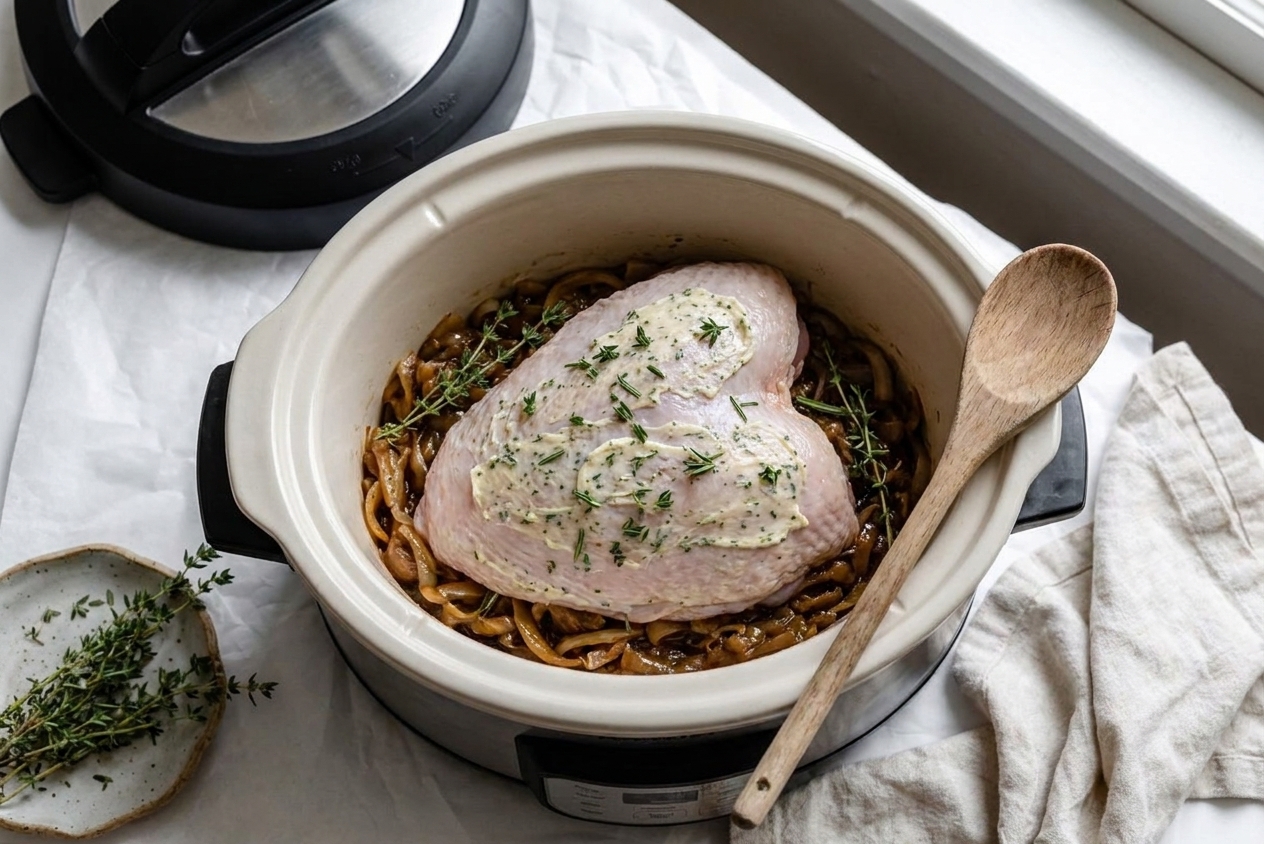 A seasoned turkey breast sitting on onion wedges inside a slow cooker with herbs scattered on top before cooking