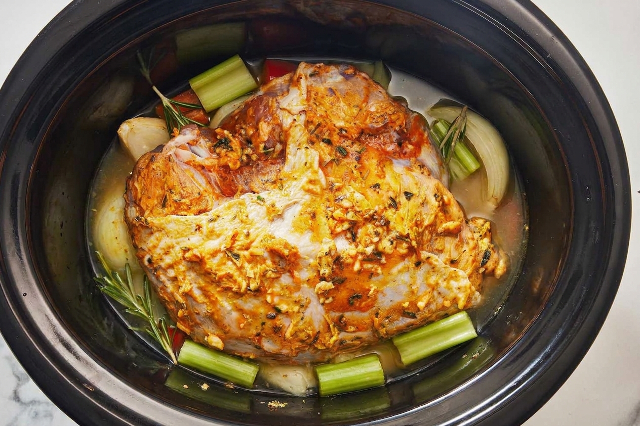 A seasoned turkey breast sitting on onions and celery inside a slow cooker with broth around it, ready to be covered and cooked