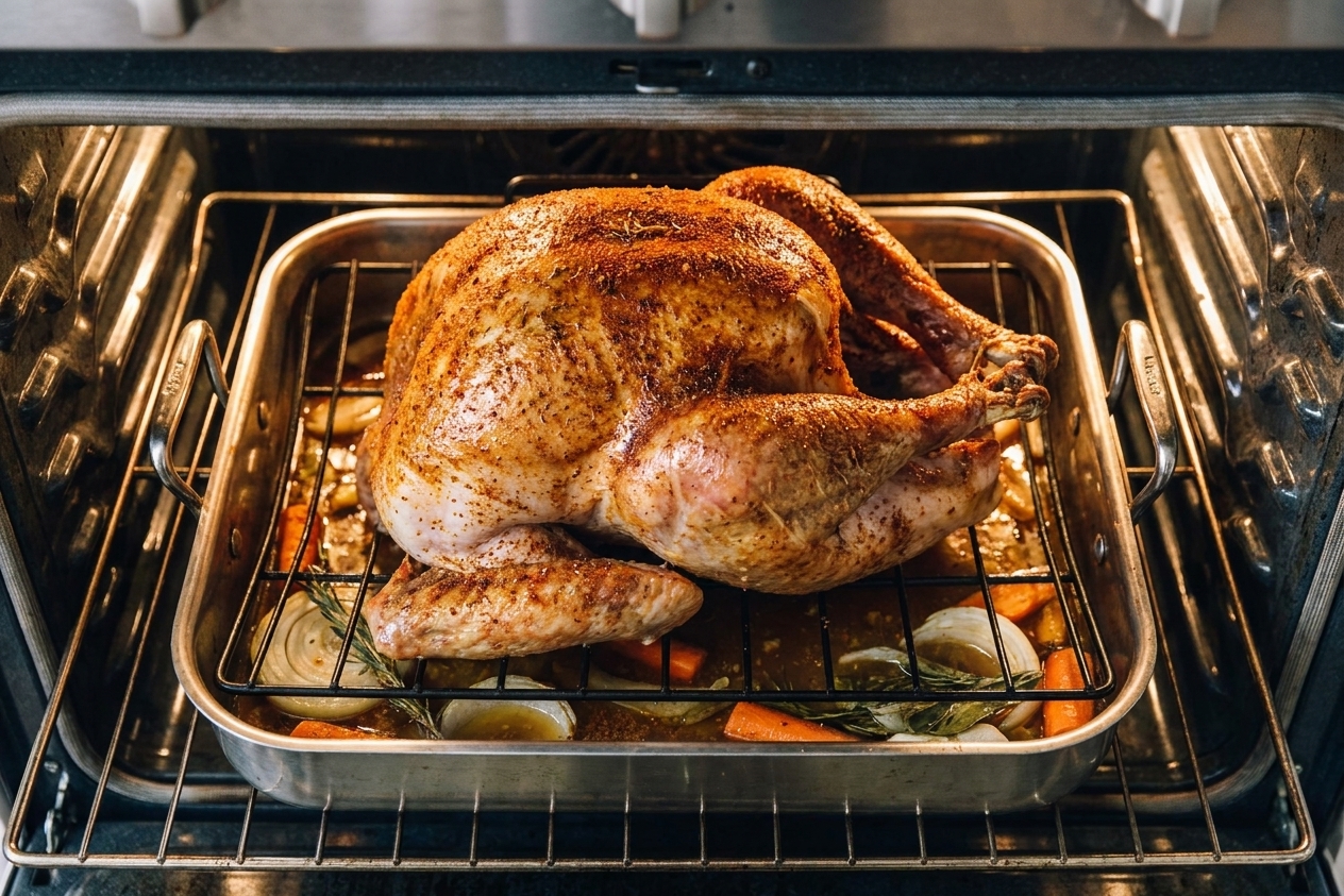 A seasoned turkey roasting in a home oven on a rack set over a roasting pan