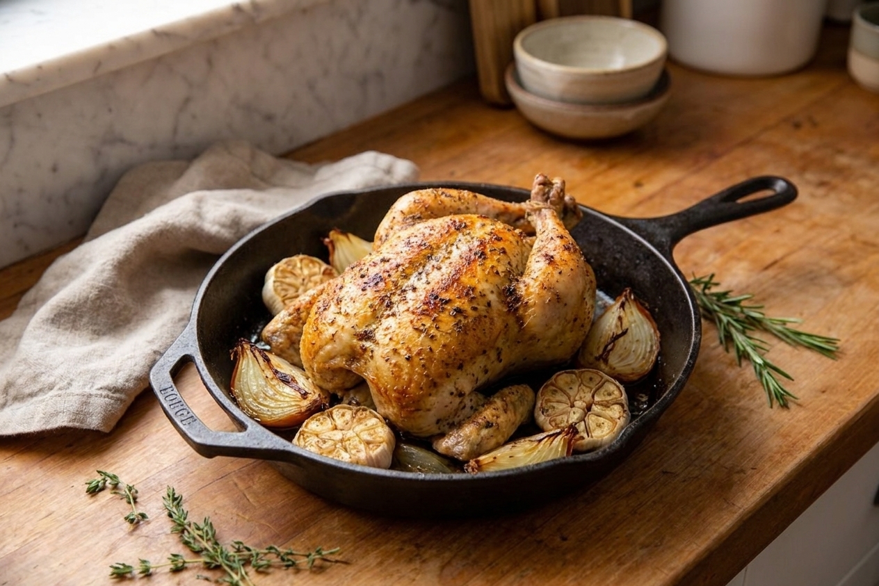 A seasoned whole chicken sitting breast-side up in a cast iron skillet with onion quarters and garlic halves around it on a home kitchen counter