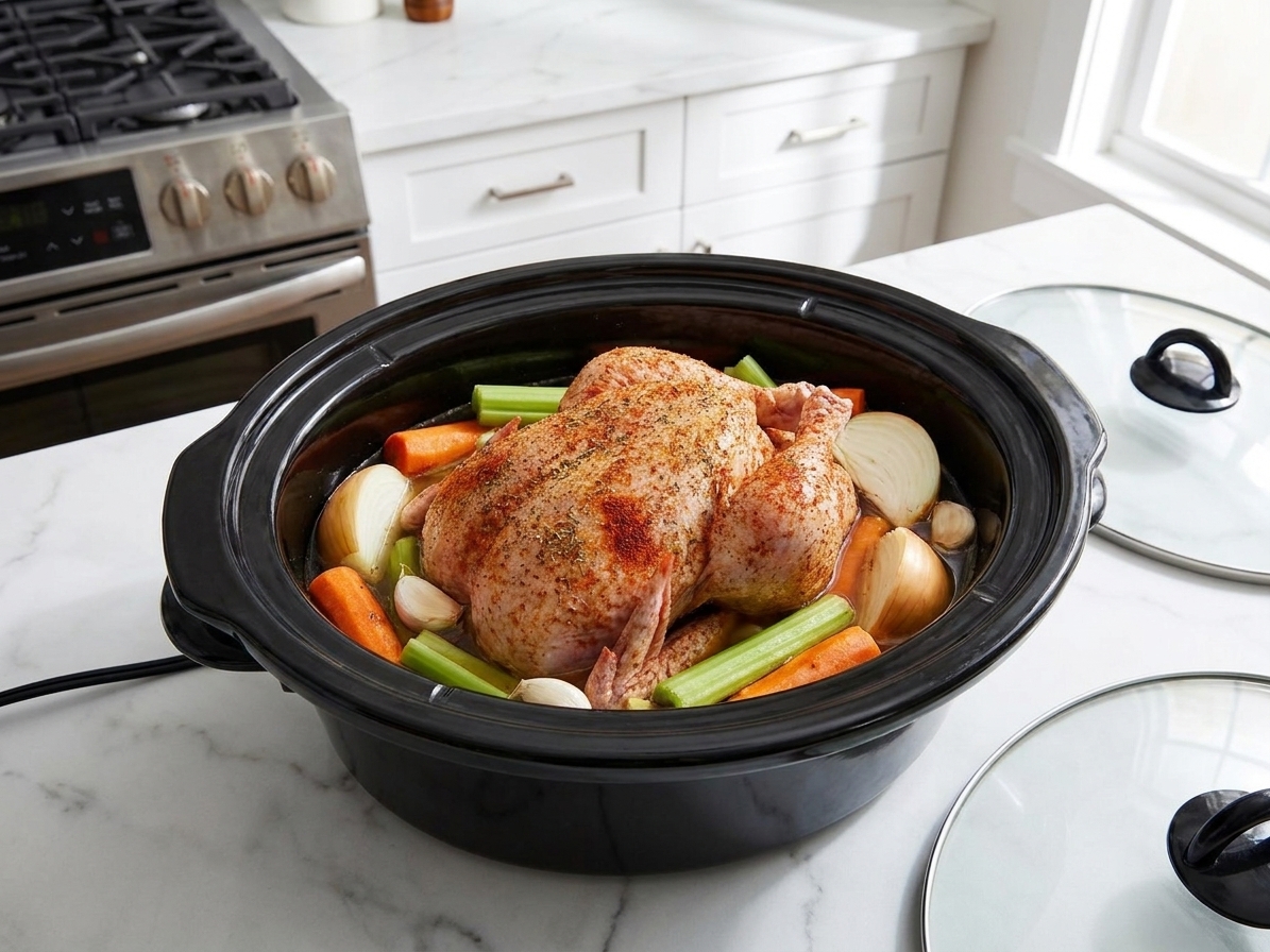 A seasoned whole chicken sitting breast-side up in a slow cooker on top of carrots and celery with onion and garlic around it