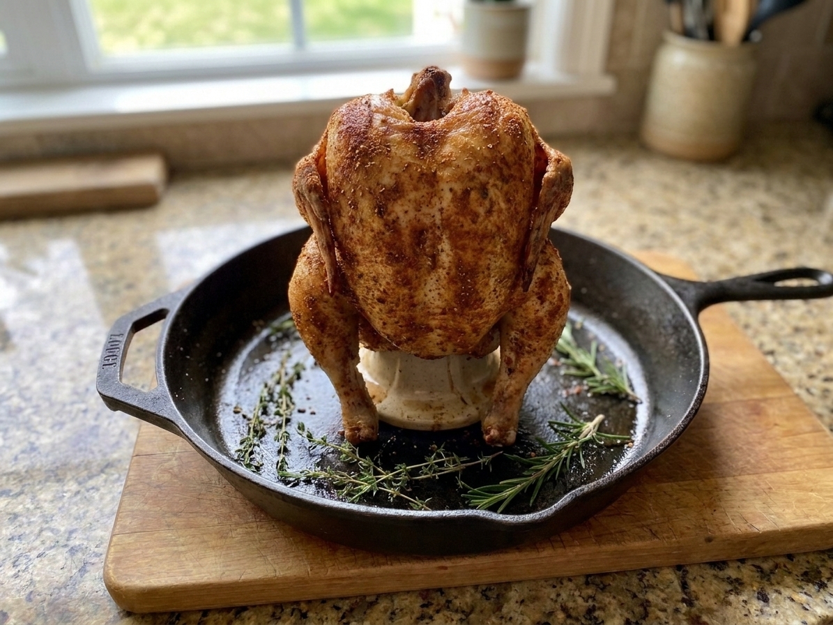 A seasoned whole chicken standing upright on a chicken roaster inside a cast iron skillet