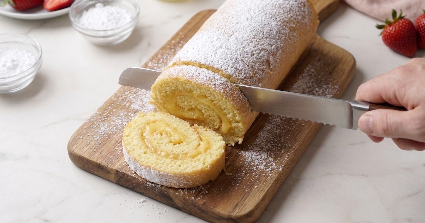 A serrated knife slicing a chilled swiss roll into neat spiraled pieces on a wooden cutting board