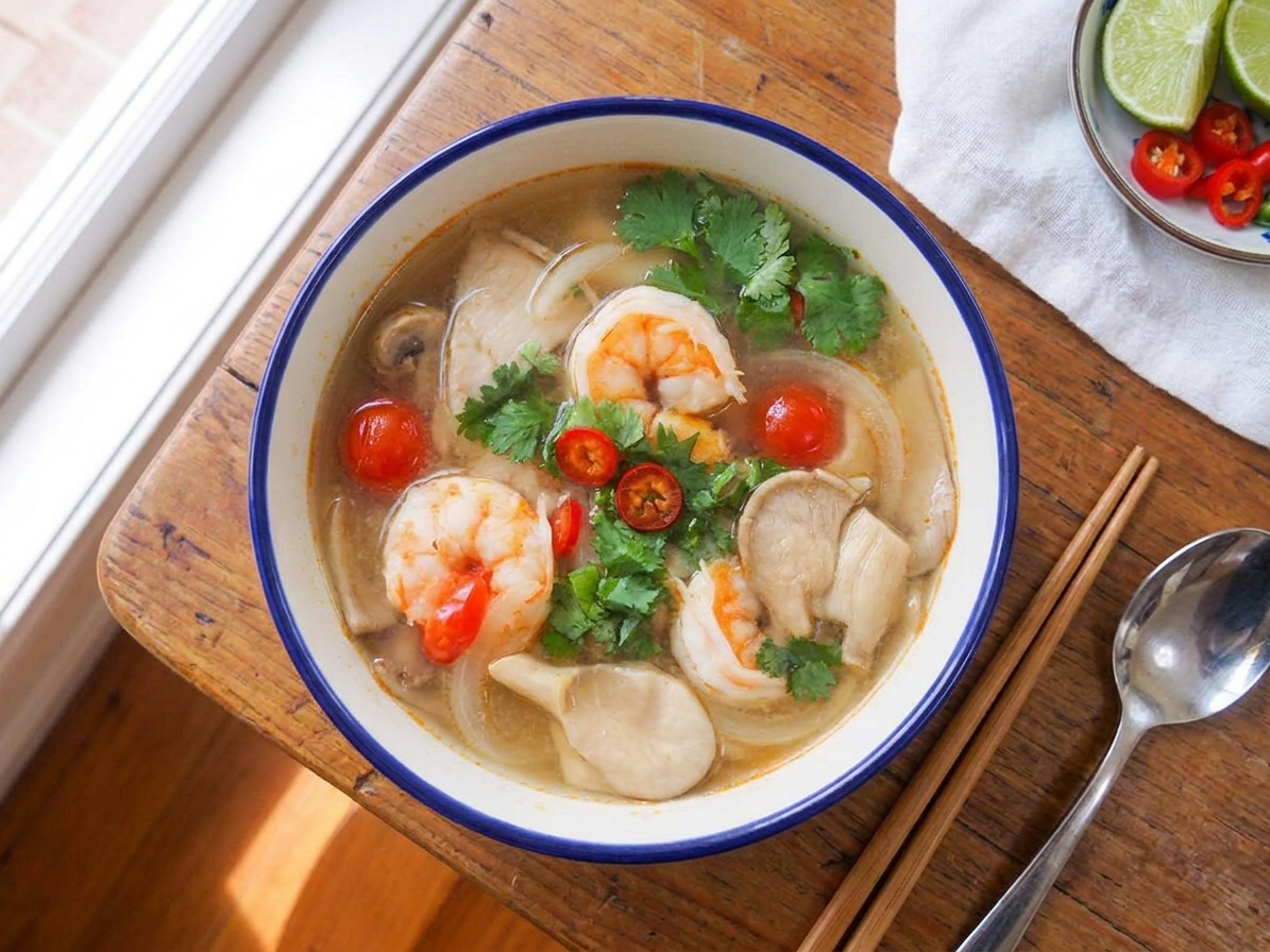 A served bowl of tom yum goong topped with cilantro and sliced chiles on a simple table setting with chopsticks and a spoon