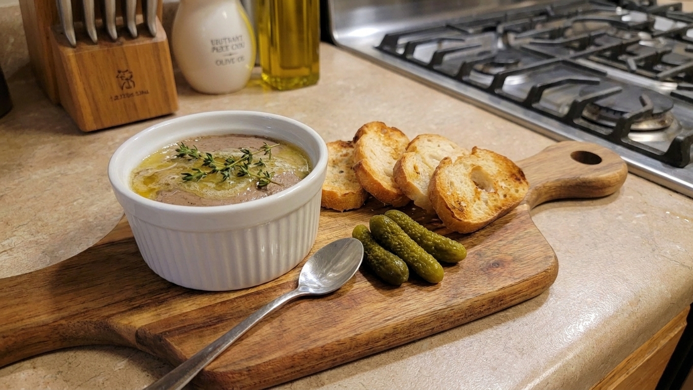 A serving board with a ramekin of chicken liver pâté, toasted baguette slices, cornichons, and a small spoon
