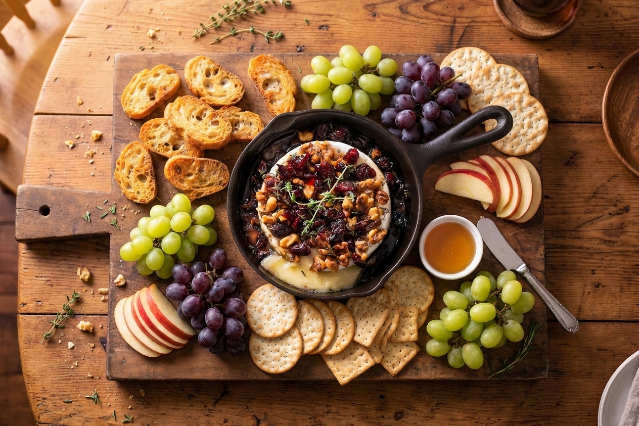 A serving board with baked Brie in the center, surrounded by crackers, toasted baguette slices, apple wedges, and grapes on a dining table with warm lighting