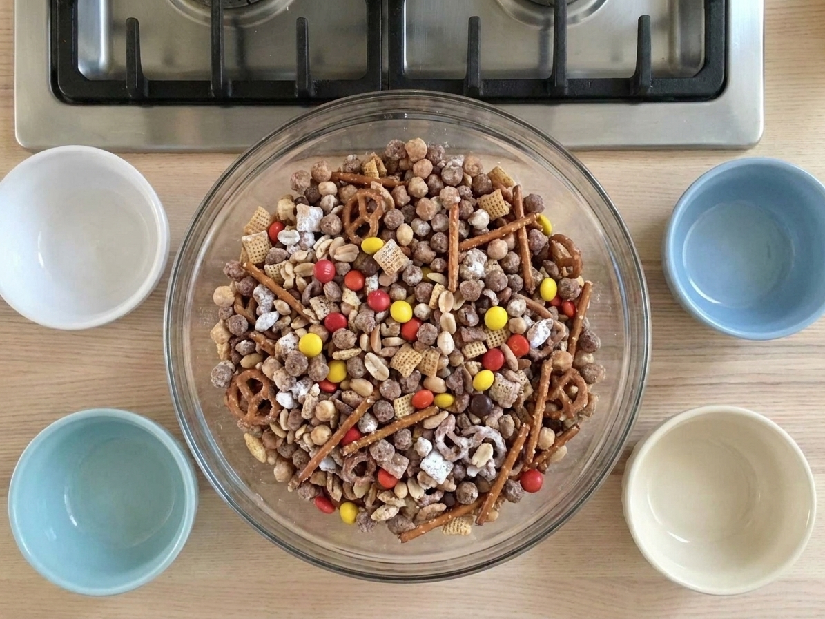 A serving bowl filled with Chex Buddies snack mix set on a table with small snack bowls nearby