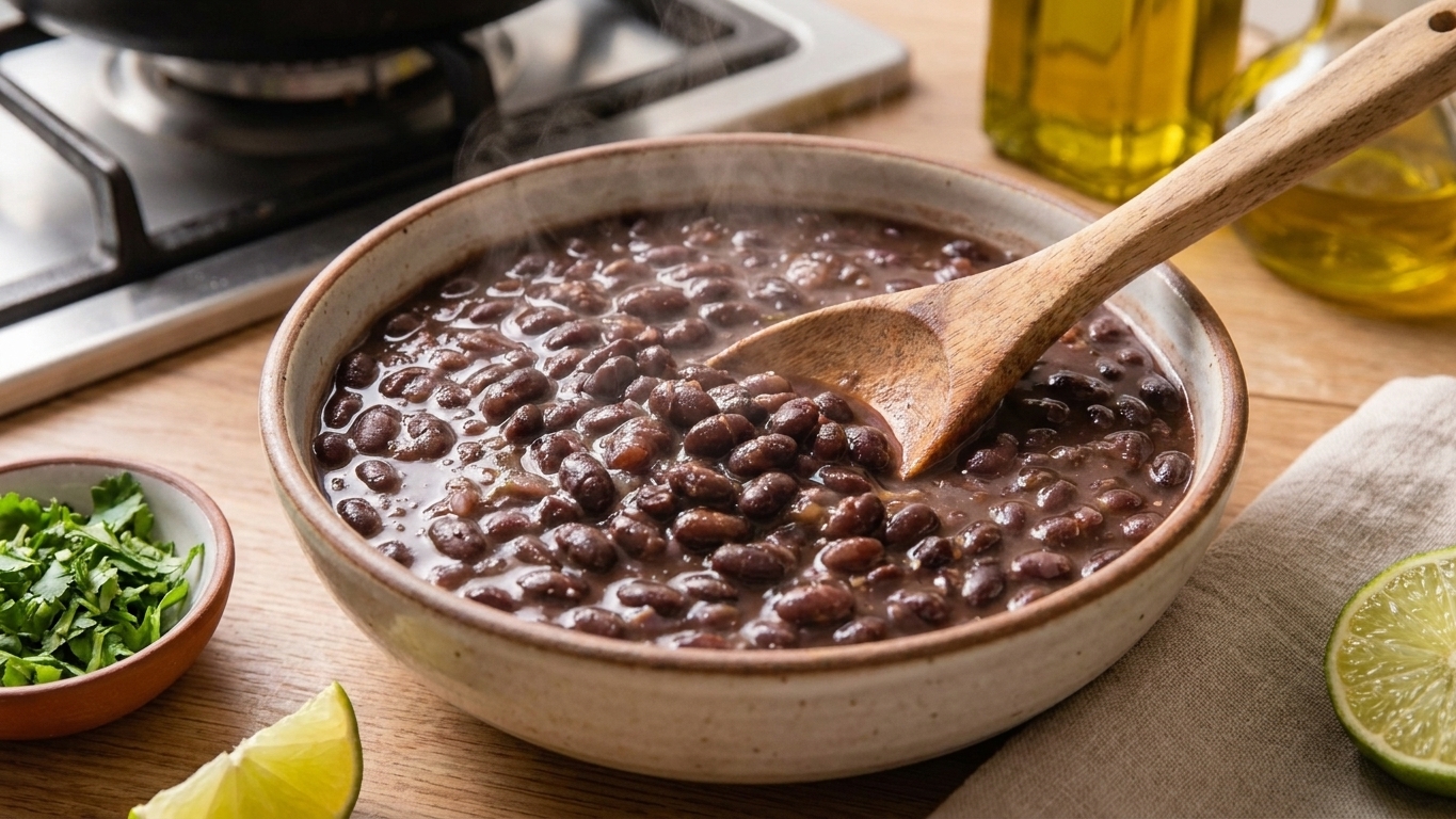 A serving bowl filled with Cuban black beans, glossy and thick, ready to serve on a simple kitchen table