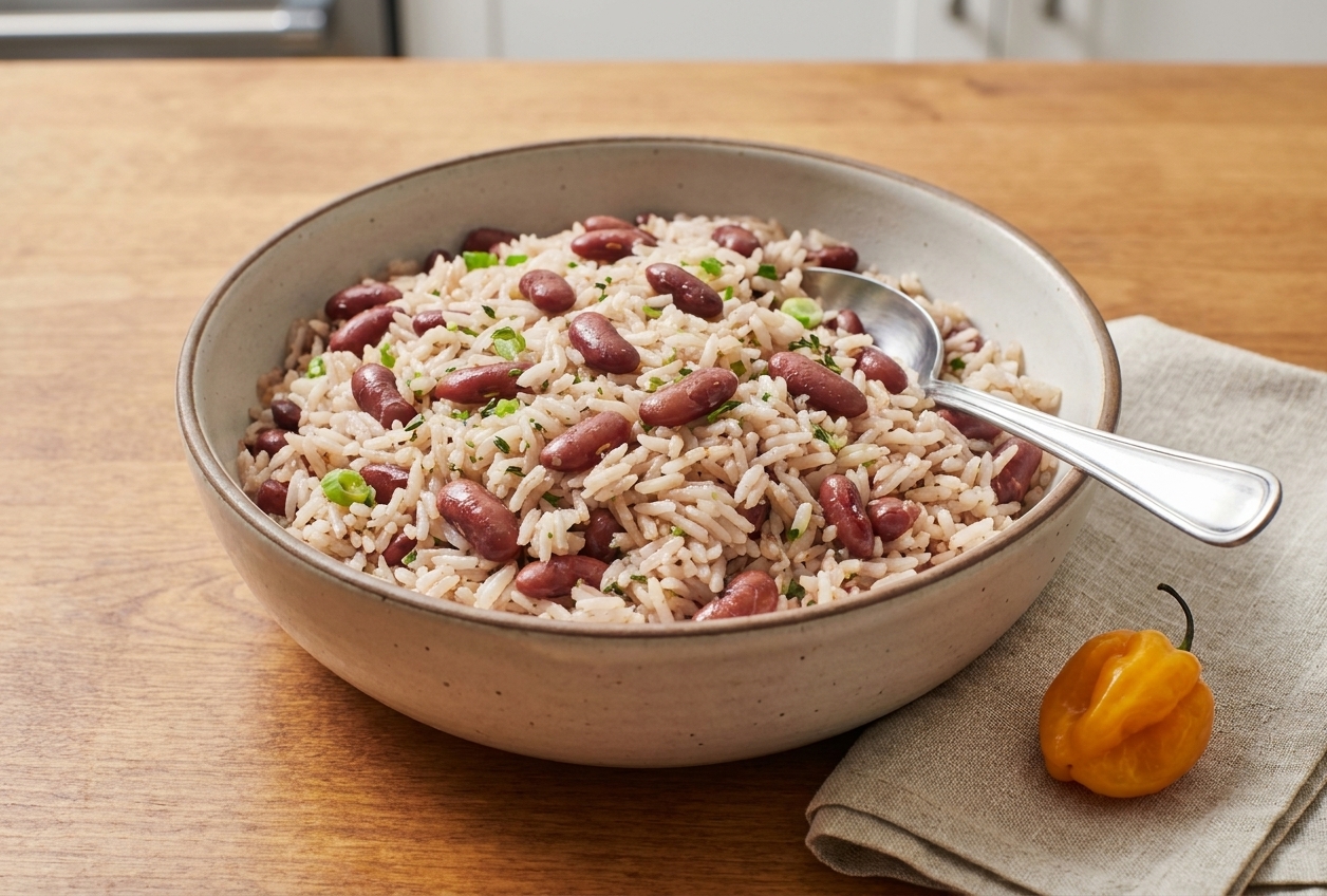 A serving bowl filled with Jamaican rice and peas, showing fluffy rice grains and red kidney beans, set on a kitchen table