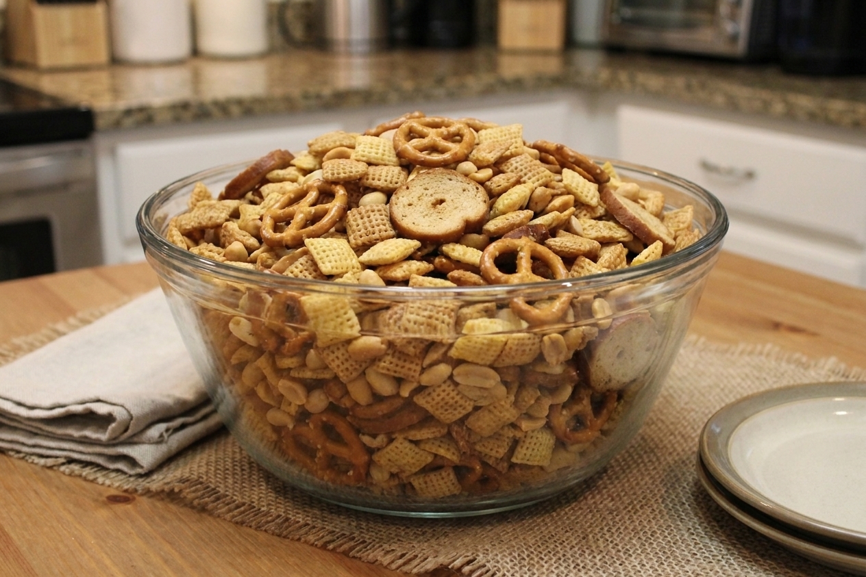 A serving bowl filled with cooled, golden oven-baked Chex Mix on a simple snack table setting