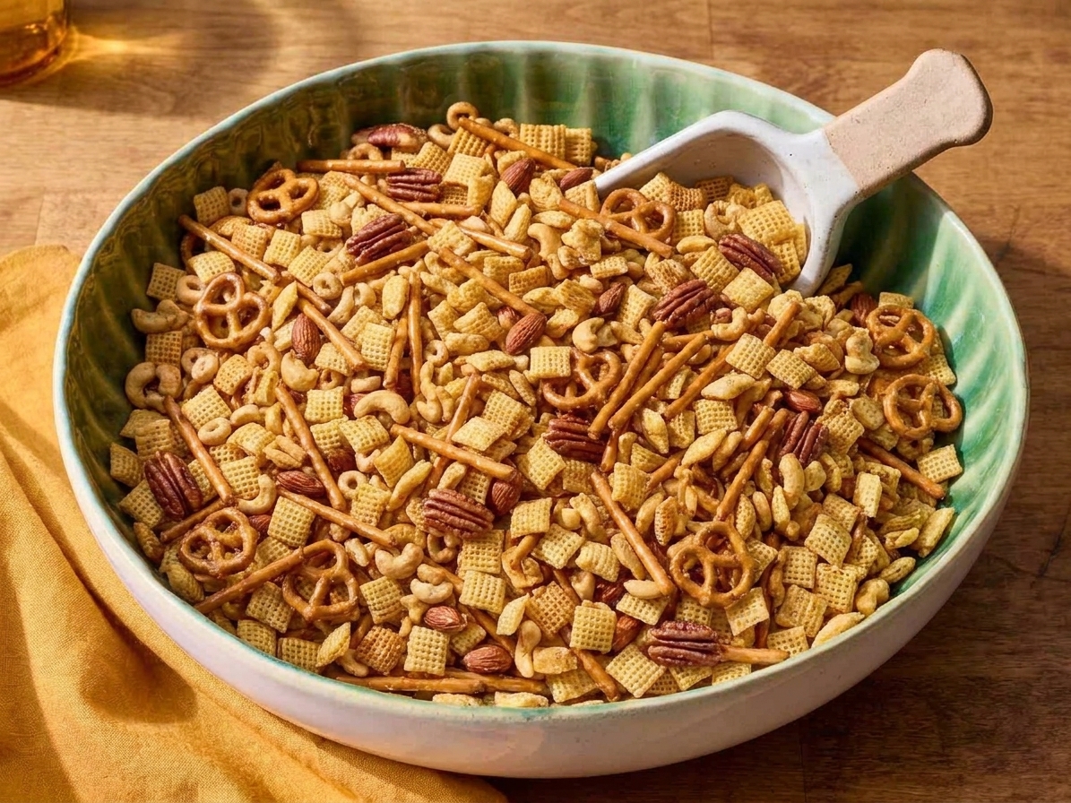 A serving bowl filled with homemade Chex mix