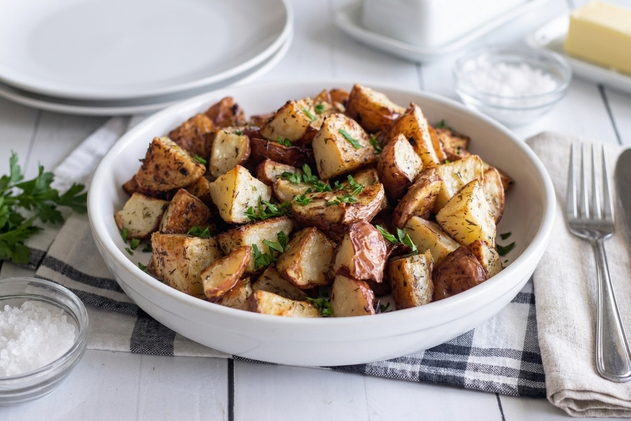 A serving bowl filled with oven roasted red potatoes finished with chopped parsley on a dinner table with simple place settings